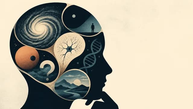 Stick figure surrounded by symbols representing life's big questions: UFO, coffin, family photo, and religious cross.