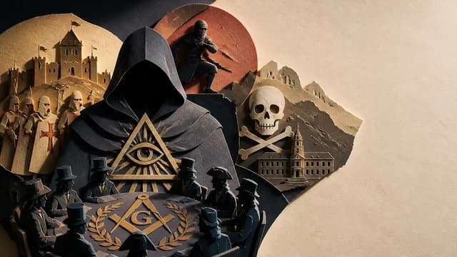 Hooded figures sit around a table with occult symbols, skulls, and a globe, evoking conspiracy theories about hidden world…