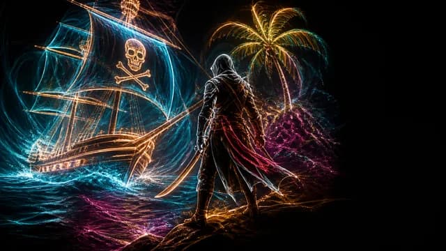 Pirate assassin in white hood and brown leather armor stands with weapons drawn beside a sailing ship, with "4 Hours Hands…