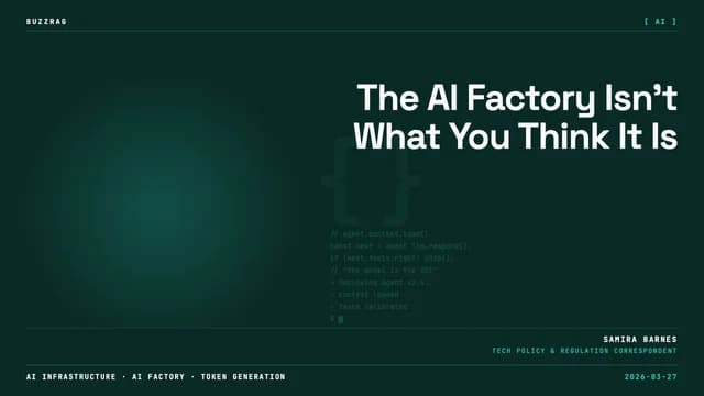 Man in sunglasses and plaid shirt stands before NVIDIA GTC backdrop with speech bubble asking "What even is an AI factory?