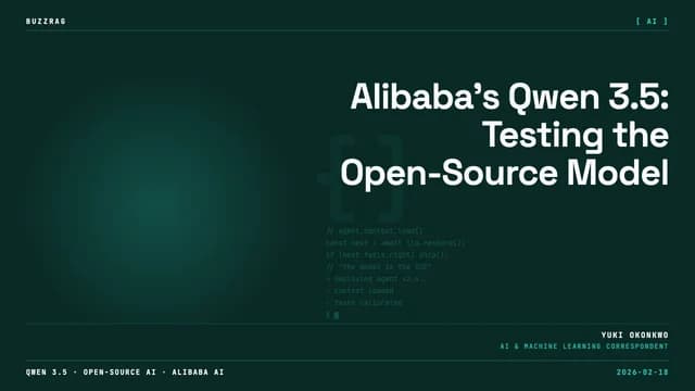 Alibaba announces Qwen 3.5 AI model with glowing white text on a dark purple digital landscape with geometric patterns