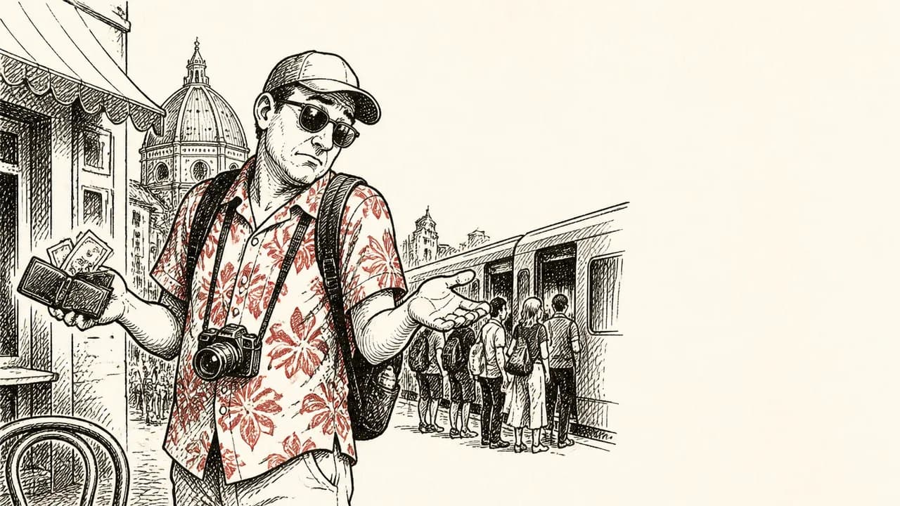 Man making an X gesture in front of the Colosseum with European country signs and "Tourist Mistakes" text overlay