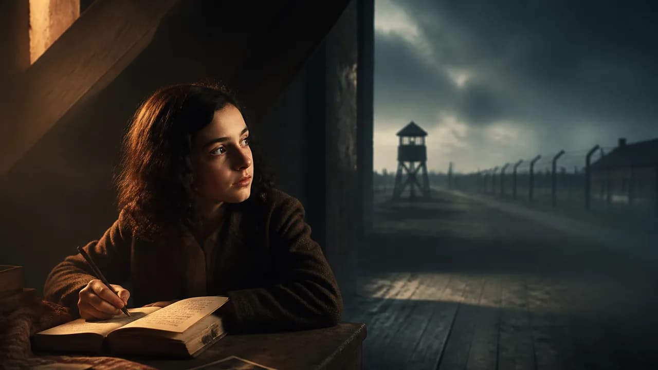 A colorized portrait of a young woman smiling at the camera, with text overlay about Anne Frank's death in 1945 and new…