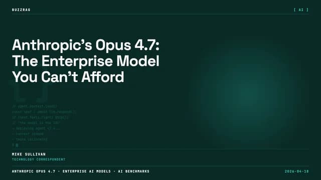 A presenter on stage introduces Anthropic's Opus 4.7 AI model beside a glowing-eyed white humanoid robot head with…