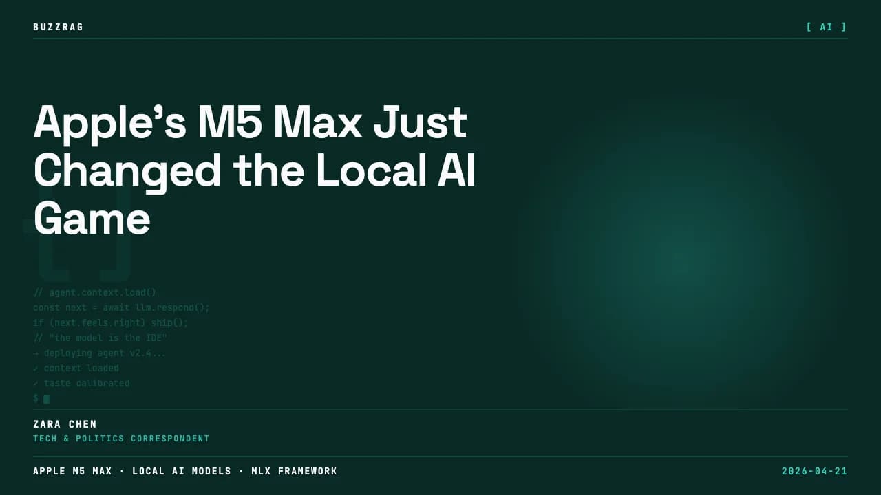 Hands holding a silver MacBook Pro with Apple logo centered, with "M5 GEMMA4 MLX" text displayed above against a dark…