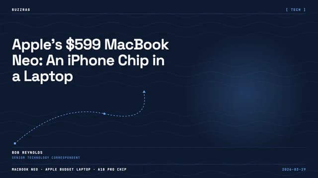 Pink MacBook laptop displaying colorful wallpaper next to orange iPhone, with "Apple Wins!" text overlay on desk setup