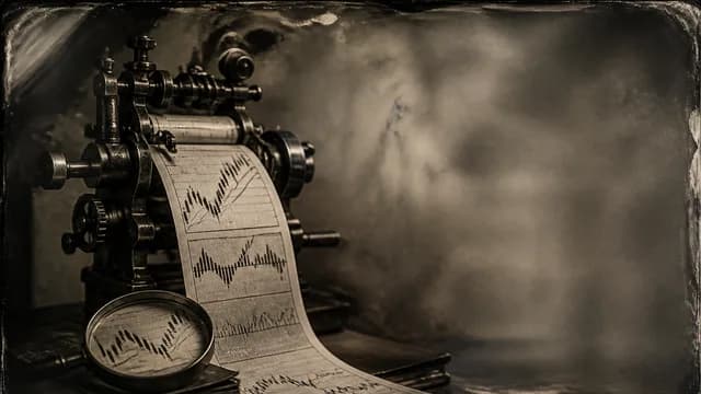 Man with headphones pointing at trading charts, portfolio pie chart, and upward trending graph with code overlays and tool…