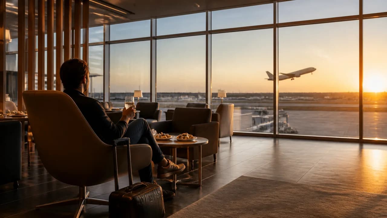 Man in red polo holding champagne on an airport lounge terrace with planes visible in background