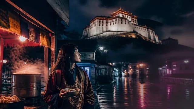 Two contrasting people stand against split backgrounds: a smiling woman in red before a serene Asian temple and mountains,…