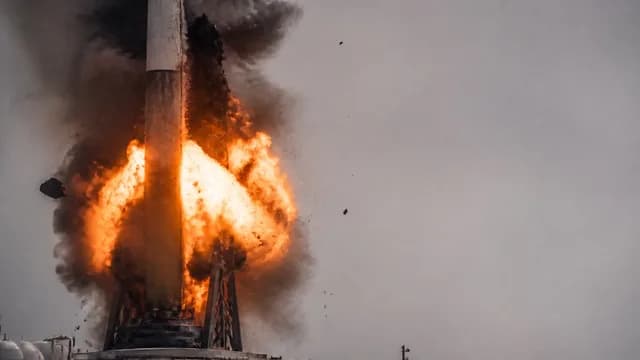 BBC News graphic showing a man in formal attire next to footage of a rocket explosion with massive fireballs and flames
