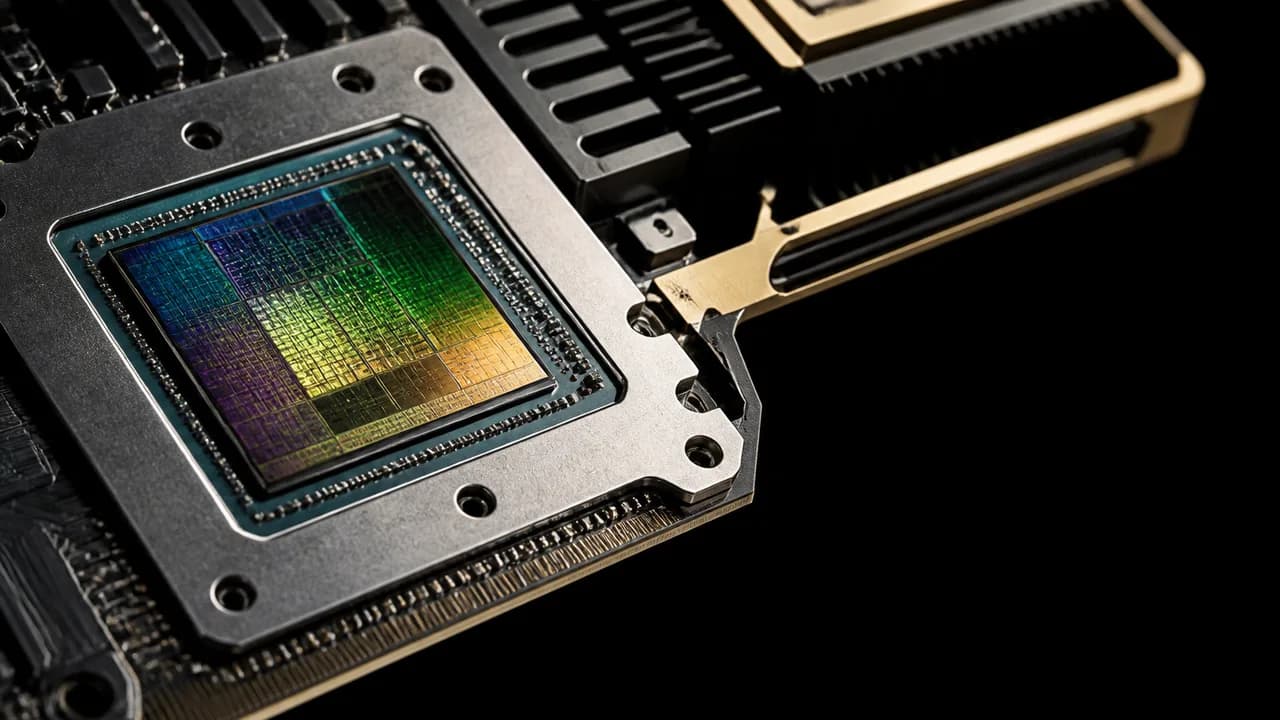 Two men pose beside a circuit board GPU with lightning effects and yellow text reading "BOLT" and "NVIDIA ALTERNATIVE"…