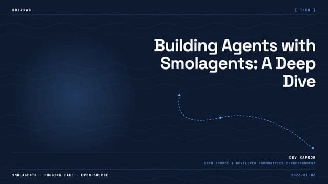 Dark background with "Agents course" text, happy emoji, network diagram showing connected golden spheres, and "smolagents"…