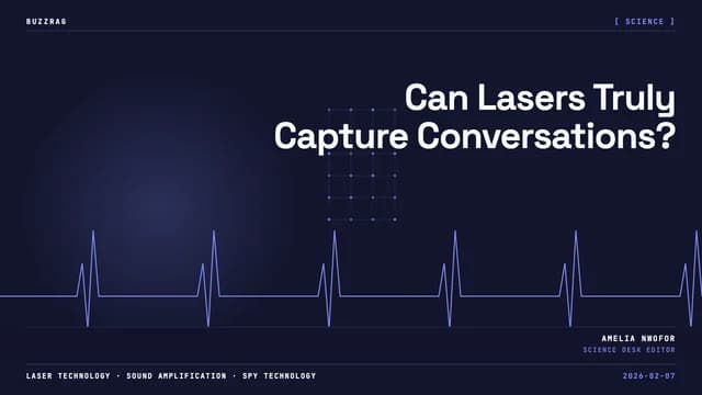 Hand holding a laser microphone device pointed at a building window with a red beam and arrow overlay indicating sound…