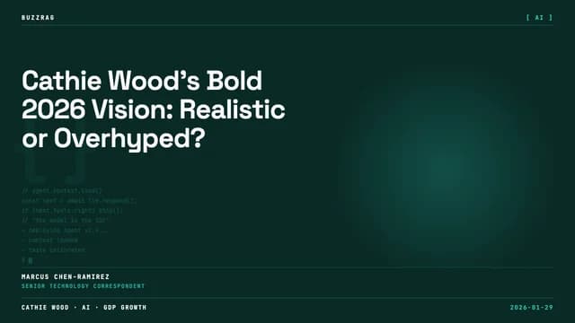 Woman with glasses smiling at camera next to bold text reading "Experts Were Wrong" with Cathie Wood's name below on black…