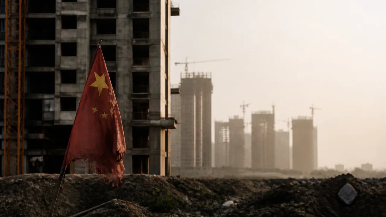 Soviet-style apartment buildings superimposed over a cracked Chinese flag with a man pointing, asking "Remember this?