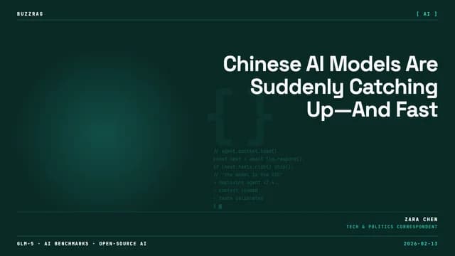 Futuristic AI presentation featuring a cyborg figure with neon green slime dripping from its head, white headphones, and…
