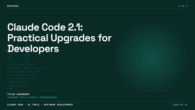 Claude Code 2.1 announcement with "GREAT UPDATES" badge overlaid on code editor showing new features including Teleport,…