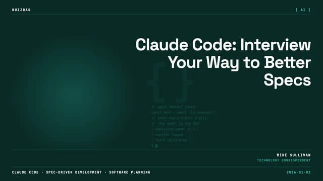 Retro pixelated brick-style text reading "CLAUDE CODE IN INTERVIEW MODE" on black background with colorful gradient border