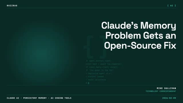 Bold orange and white "CLAUDE MEMORY" text overlays a dark tech background with code snippets, a pixel art character, and a…