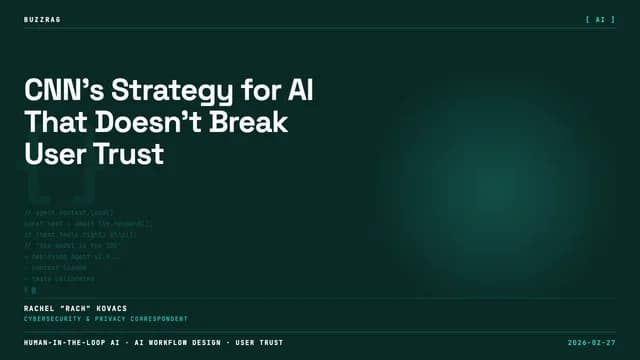 Woman in burgundy blazer speaking on stage with text overlay about human-in-the-loop processes slowing down productivity,…