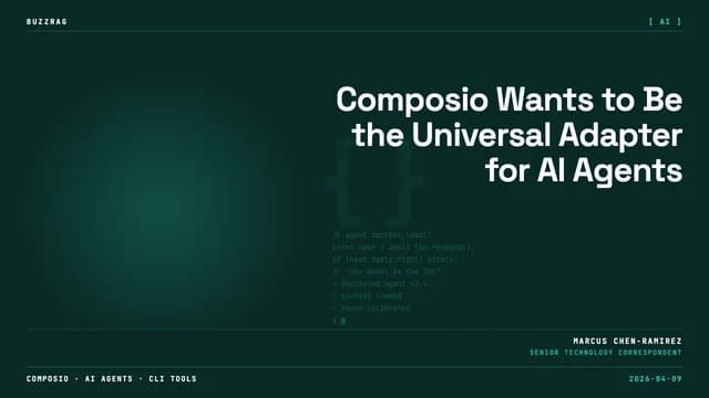 Composio logo with white text and icon on black background, colorful gradient border, red mascot character in corner