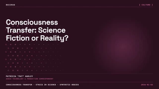 A man in a plaid shirt places his hand against a glass chamber containing a translucent humanoid figure in a futuristic…
