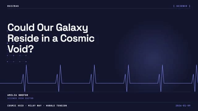 A silhouetted cosmic void divides a glowing Milky Way galaxy with "WE LIVE HERE" text and an arrow pointing to Earth's tiny…