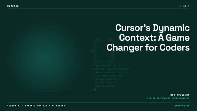 Bold yellow and white text reading "Dynamic Cursor" on dark background with a 3D geometric cursor icon and blue and red…