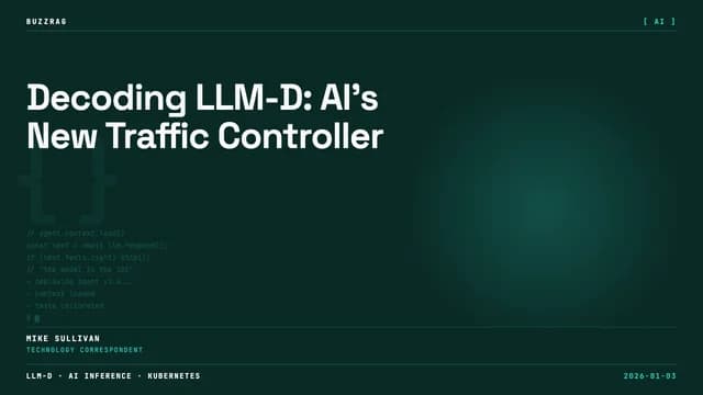 A presenter in a dark t-shirt gestures while explaining LLM-D scaling concepts, with technical diagrams and equations…