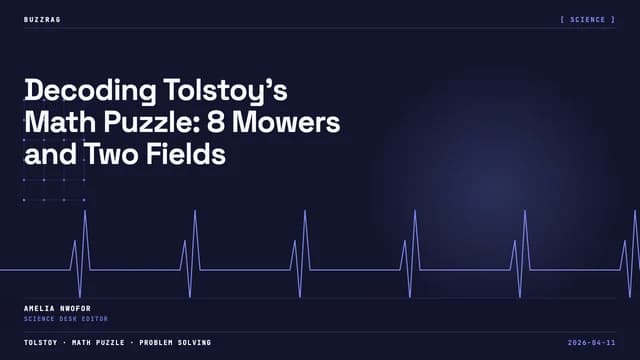 An elderly bearded man in blue clothing sits on a bench beside text asking "Can You Solve Tolstoy's Math Puzzle?