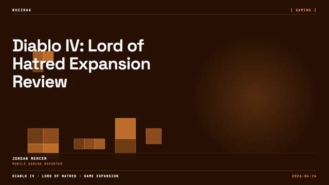 Diablo IV Lord of Hatred review thumbnail featuring the game's logo and a menacing demon character with horns and glowing…