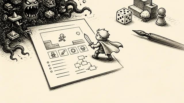 Stick figure pondering amid scattered documents, questioning the necessity of game design documentation