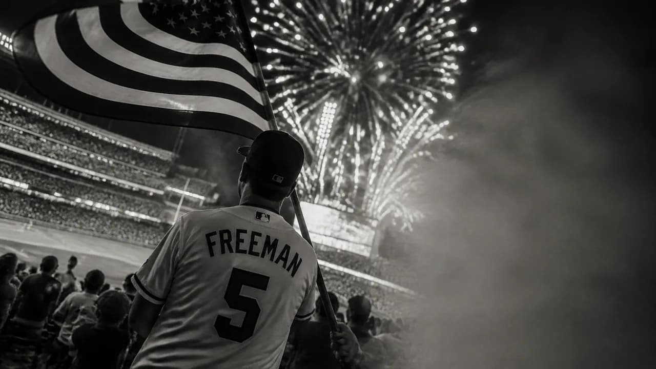 Excited man in Dodgers uniform pointing at fireworks exploding above Dodger Stadium at night.