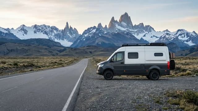 Couple standing on campervan roof with dramatic snow-capped mountain peaks in background, Patagonia landscape