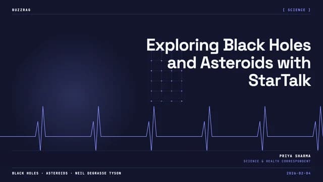 Two men sit at microphones with a dramatic black hole illustration glowing orange and white in the background, discussing…