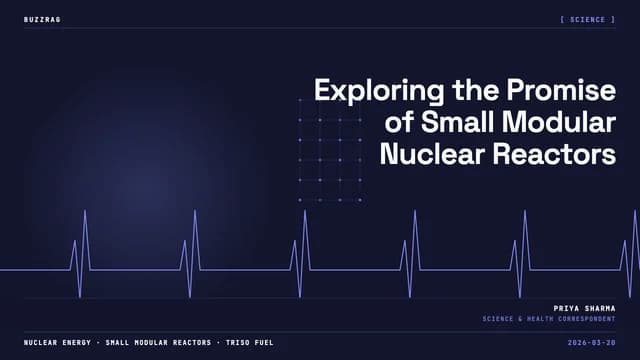 Man in glasses and tie with skeptical expression next to futuristic small modular nuclear reactor with "Future is Here"…