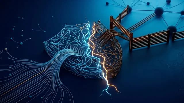 Man wearing headphones points at Python logo beside a neural network diagram with code background and red text about local…