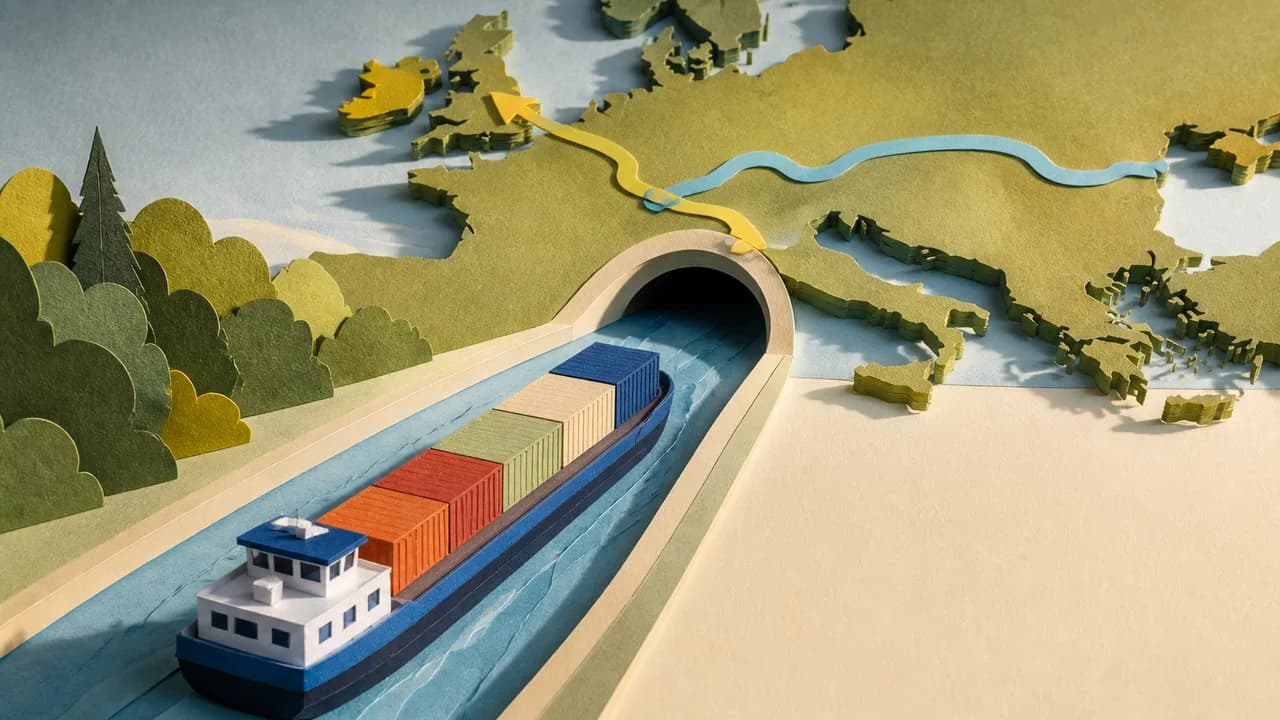 Aerial view of a massive canal bridge carrying barge traffic over forested landscape with recreational areas below.