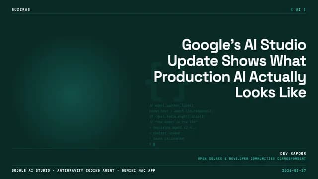 A presenter on stage gestures toward a futuristic android head with glowing core and a colorful Google "G" logo, with…