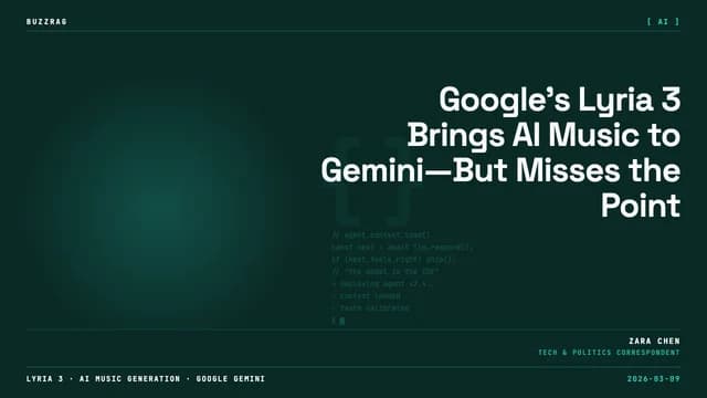 A blue and white Google robot with headphones sits at a futuristic desk with colorful text announcing Gemini's new…