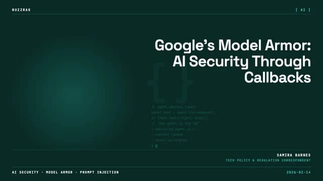 Google Cloud logo with title text about Model Armor in ADK callbacks, and a man in sunglasses and Google shirt making a…