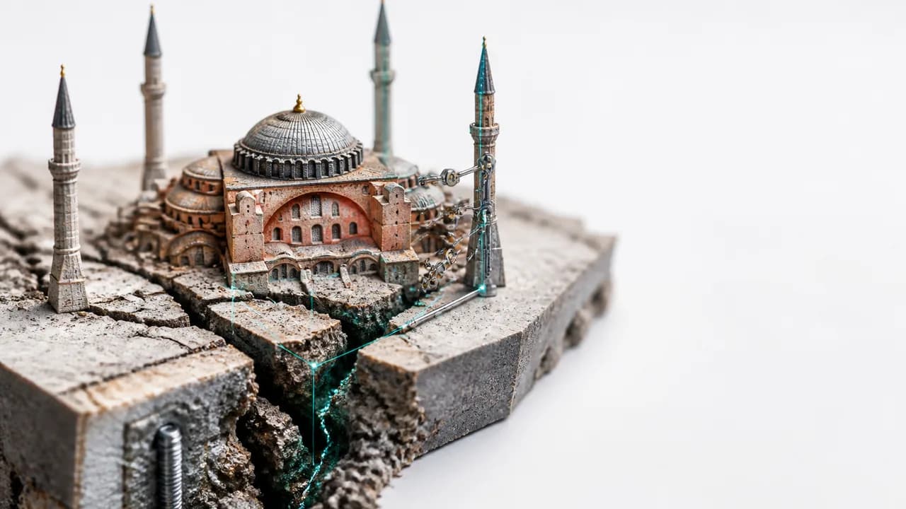 Historic domed mosque with red brick architecture and metal scaffolding covering its facade during restoration work