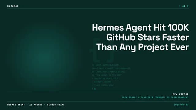 A gleaming metallic robot head with a glowing orange visor against a dark background with the yellow text "HERMES AGENT"…