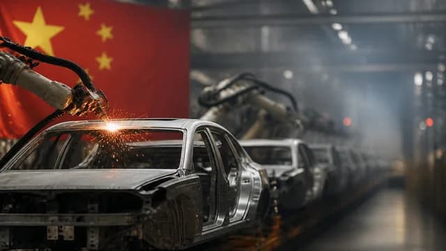 Chart comparing operating margins of Chinese EV makers versus Western automakers, with logos and vehicles displayed against…