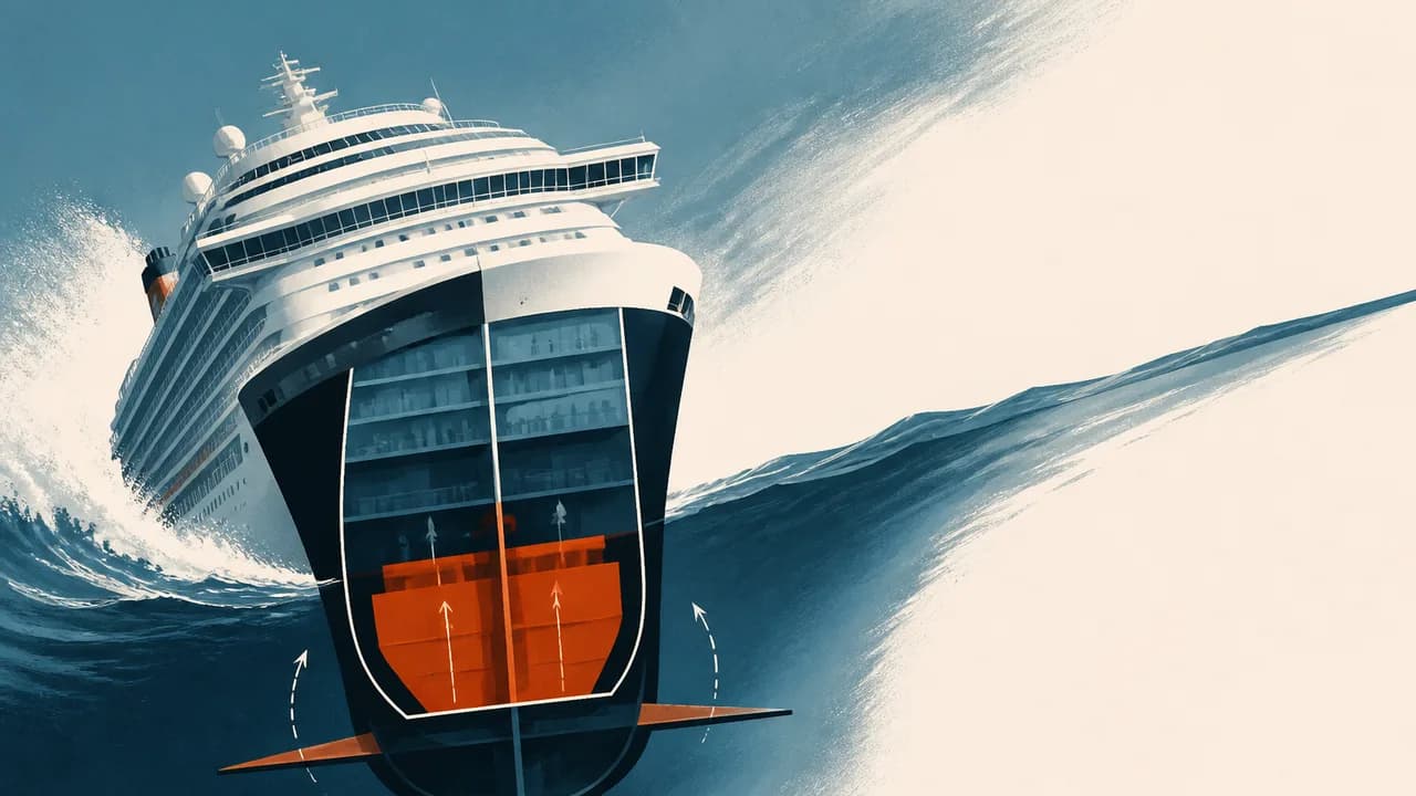 A massive cruise ship surrounded by large waves with a red arrow pointing to a cross-section diagram of its stabilization…