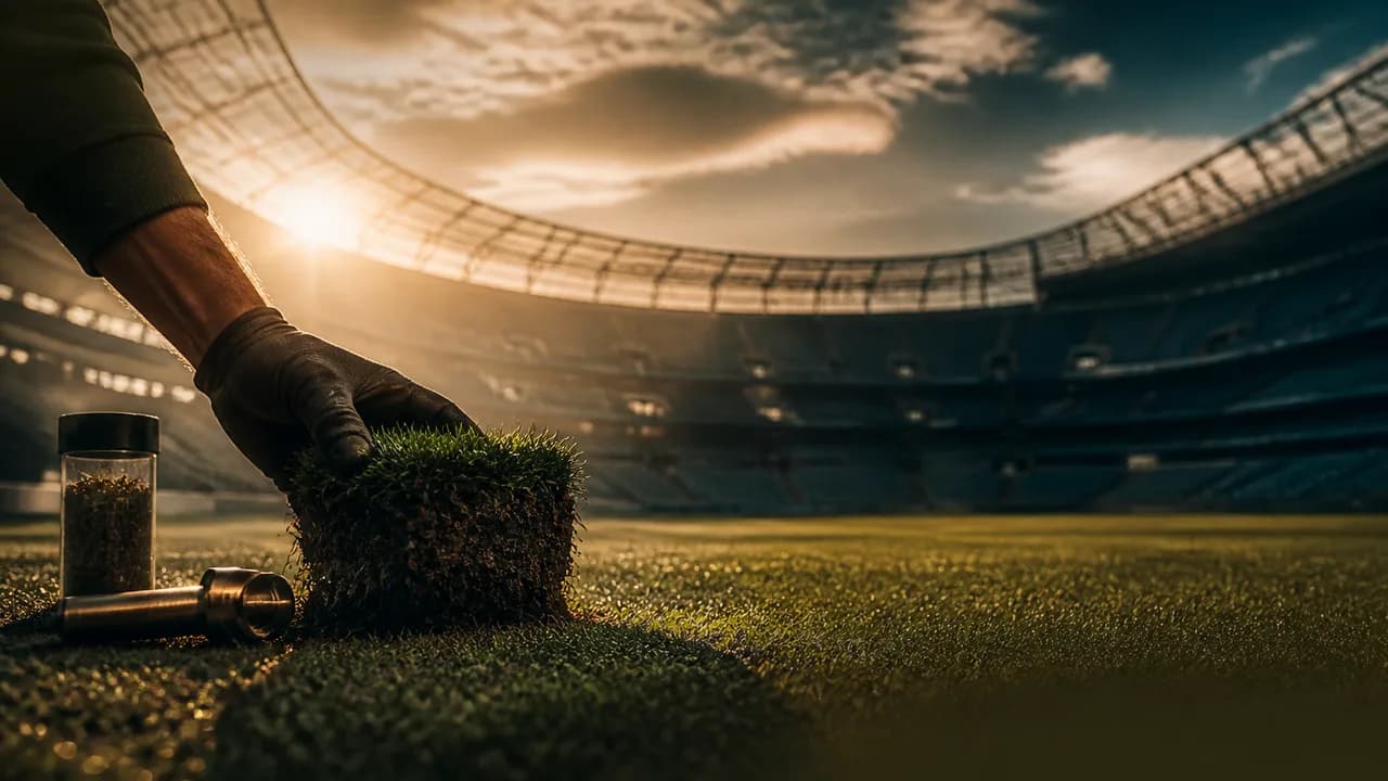 Workers handle a massive rolled sod with thick green moss and algae coating, demonstrating specialized turf maintenance for…