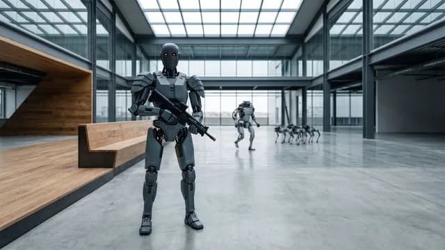 A man in a business suit presents alongside a humanoid robot with pink hair and pale synthetic skin against a tech backdrop…