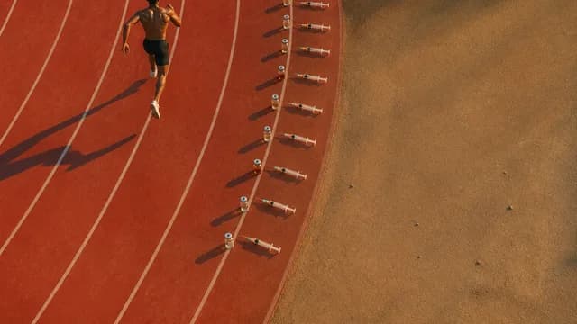 Athletes in black performance gear compete in a brightly lit arena with purple lighting and cheering crowds visible in the…