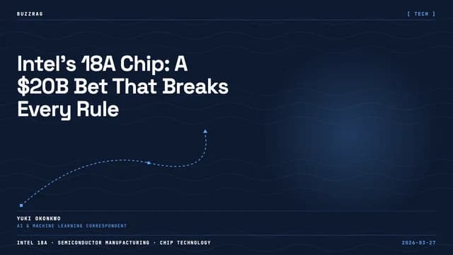 Woman in lab coat next to large gold computer chip with "1.8NM" text and "BREAKTHROUGH" banner, industrial facility in…
