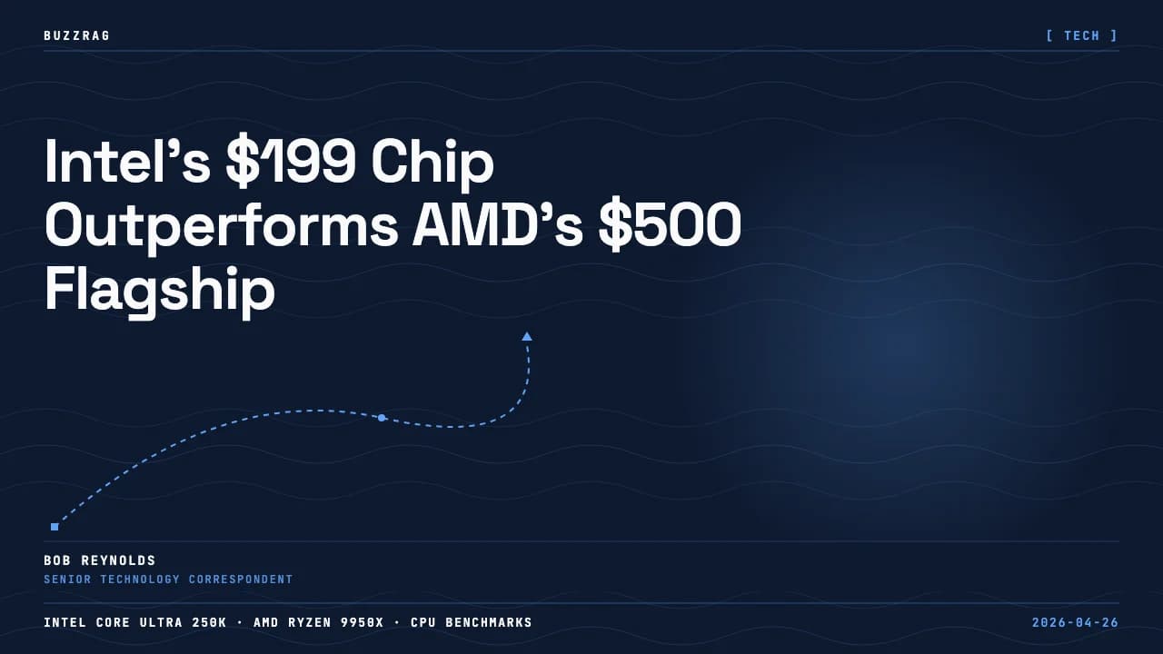 Intel Core Ultra 5 250K processor held in fingers against dark background with "INTEL just WON!" text overlay